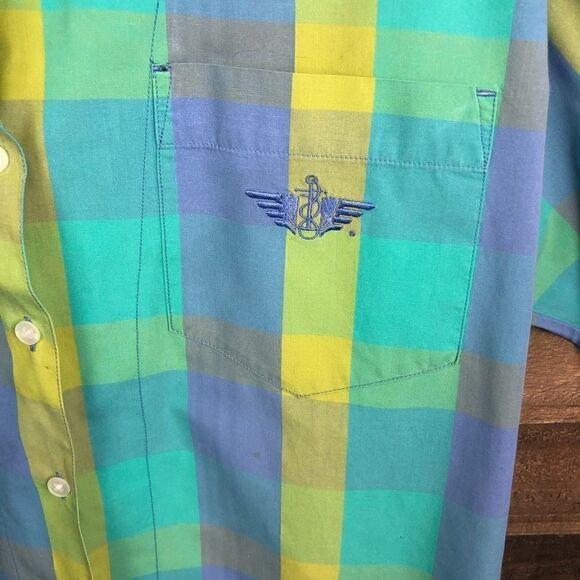 Dockers Striped Blouse Plaid Pastel Button Front Short Sleeve Front Pocket Large - Picture 5 of 8